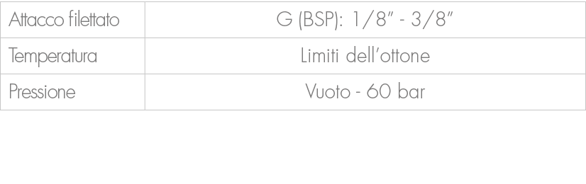 Attacco filettato,G (BSP): 1/8” 3/8”,Temperatura,Limiti dell’ottone,Pressione,Vuoto 60 bar 